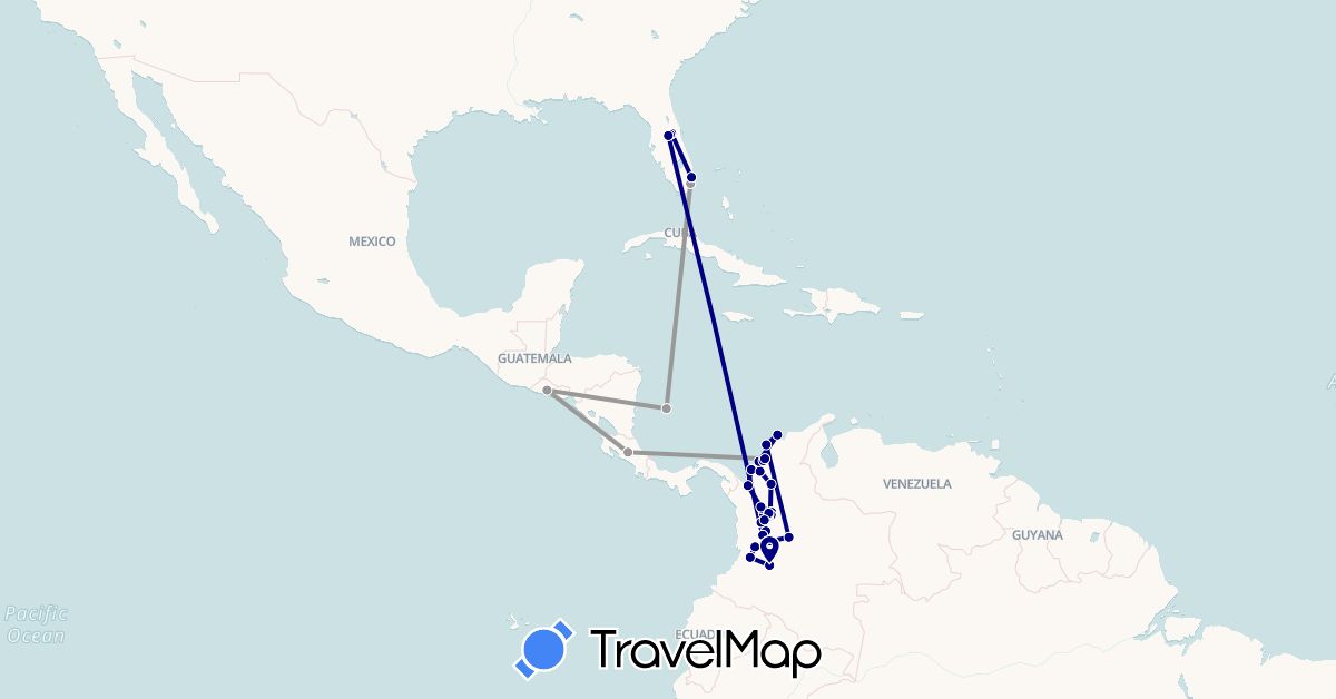 TravelMap itinerary: driving, plane in Colombia, Costa Rica, El Salvador, United States (North America, South America)